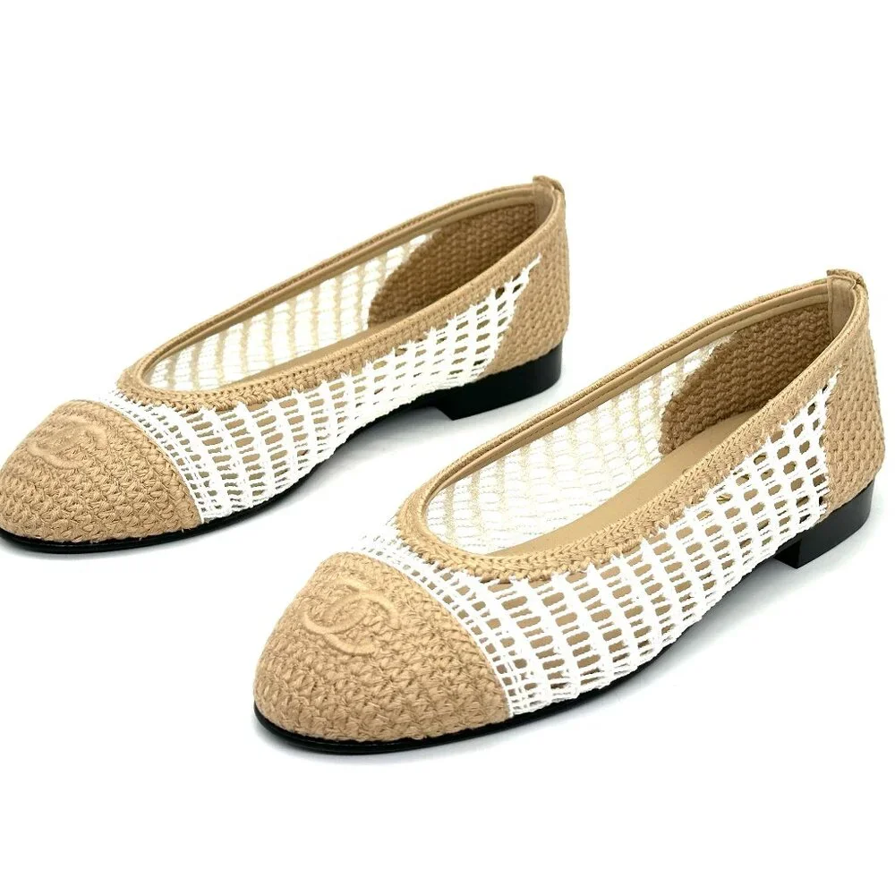 CHANEL REV CC Raffia Crochet Woven Two Tone Cap Toe Ballerina Ballet Flats - Picture 11 of 13
